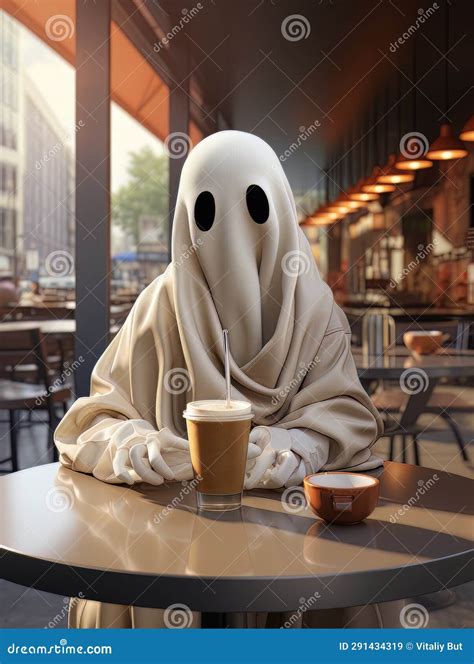 Cartoon Ghost in White Sheet Drinks Cocoa Alone in a Coffee Shop on ...