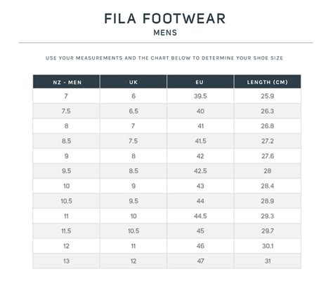 Fila Size Chart – Shoe Bizz