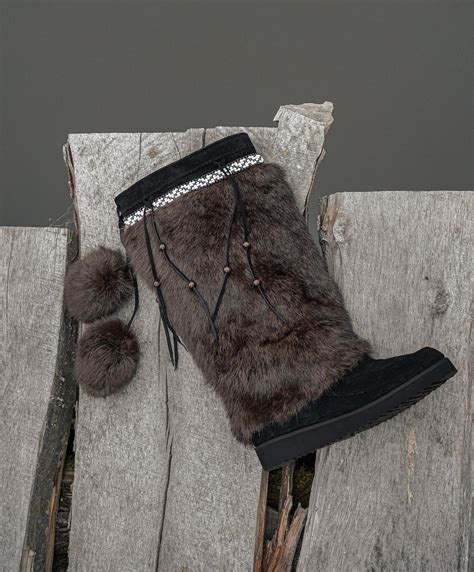 Black Winter Mukluks With Black Natural Fur, Traditional Women Yeti ...