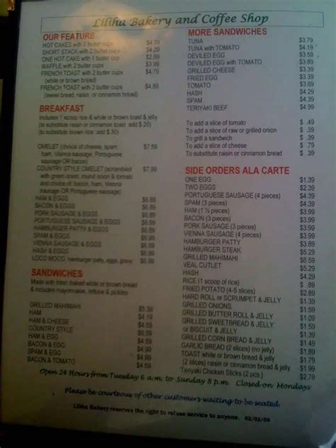 Liliha Bakery Menu, Menu for Liliha Bakery, Chinatown, Rest of Hawaii ...