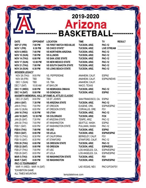 Printable 2019-2020 Arizona Wildcats Basketball Schedule