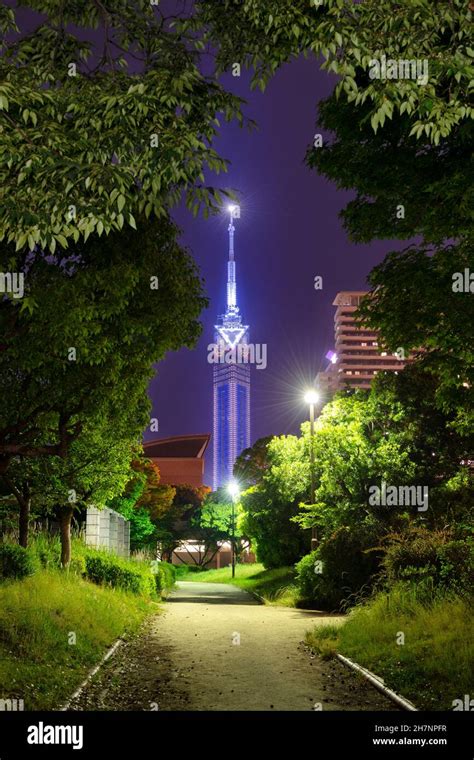 Creative view at Fukuoka Tower from the park. Night in Japan Fukuoka city Stock Photo - Alamy