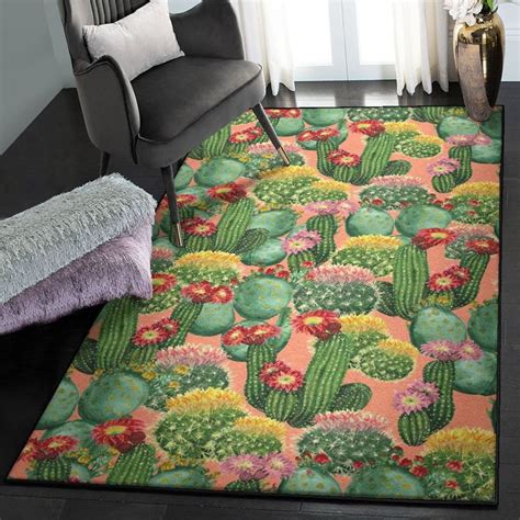 a living room with a cactus rug and chair