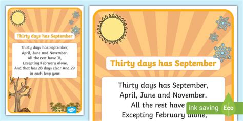 30 Days Has September Nursery Rhyme Poster Display - Twinkl