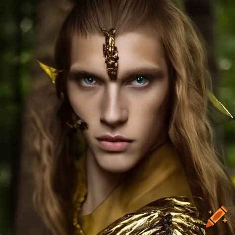 Elf warrior in golden armor with a forest background