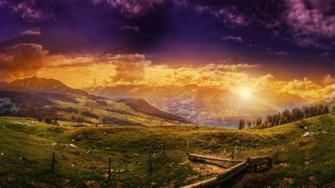 Switzerland, 4k, HD, Mountains, sunset, hills, meadows HD Wallpaper