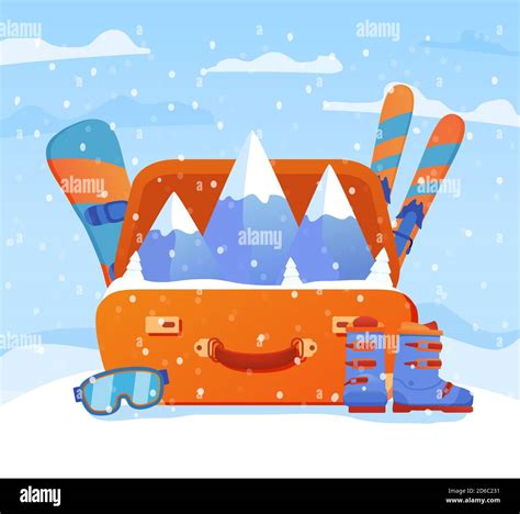 Ski resort. Open suitcase with ski equipment. Skis and poles,snowboards ...