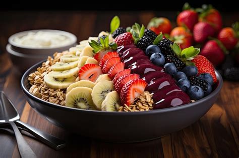 Premium AI Image | Colorful acai bowl with granola and fresh fruits generative IA