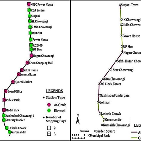 Green Line route map with stations (left) and intersections (right ...