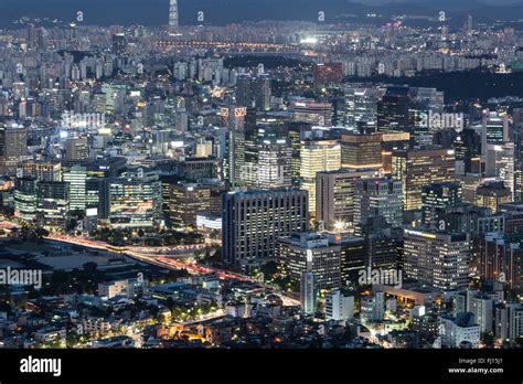 An aerial view of Seoul business district at night. Seoul is South Korea capital city Stock ...