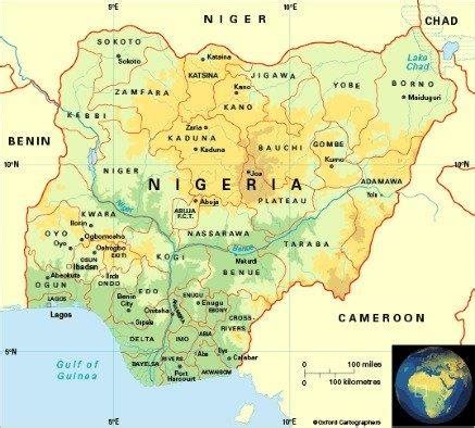 Map of Nigeria indicating geographical coordinates (www.theodora.com ...