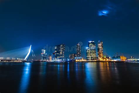 The Skyline of Rotterdam by Night Editorial Photography - Image of ...