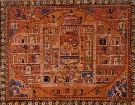 Richly detailed painting of Shri Jagannath temple with Lords Jagannath, Balaram & Subhadra Ji ...