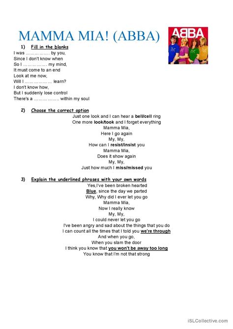 MAMMA MIA! song and nursery rhym…: Deutsch DAF Arbeitsblätter pdf & doc