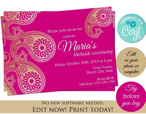 Mehndi invitation template instant download invitation corjl | Etsy