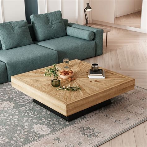 Modern Square Coffee Table with Wooden Top Black & Natural Modern Square Coffee Table, Low ...