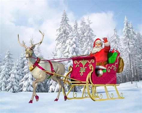 Santa Claus on his sleigh and reindeer on snow, with snow capped — Stock Photo © Pixelchaos ...