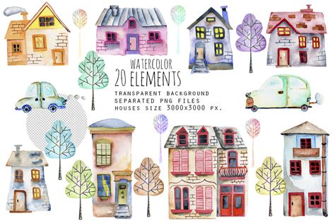 Small town. Watercolor clip art set. By HappyWatercolorShop | TheHungryJPEG