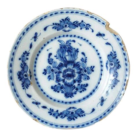 Dutch Delft Blue & White Pottery Floral Plate | Chairish