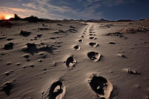 Premium AI Image | footprints in the sand at sunset