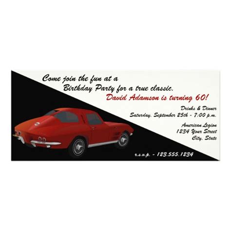 Classic Corvette Birthday Party Invitation 4" X 9.25" Invitation Card | Zazzle