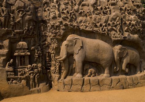 Carvings Of Elephants On Carved Wall Called Arjuna's Penance, Mahabalipuram, India | Elephant ...