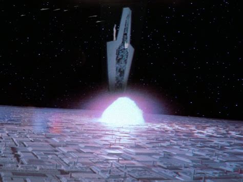 The Imperial super star destroyer Executor collides with the second Death Star at the Battle of ...