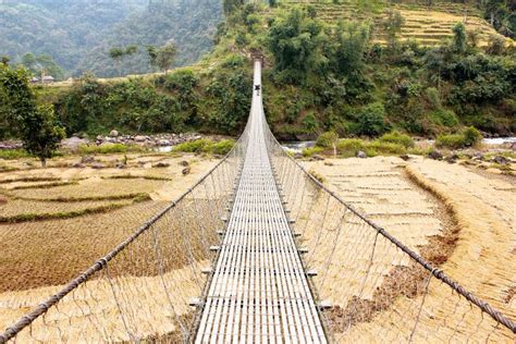 Rope Hanging Suspension Bridge in Nepal with Paddyfield and Tourist Stock Image - Image of india ...