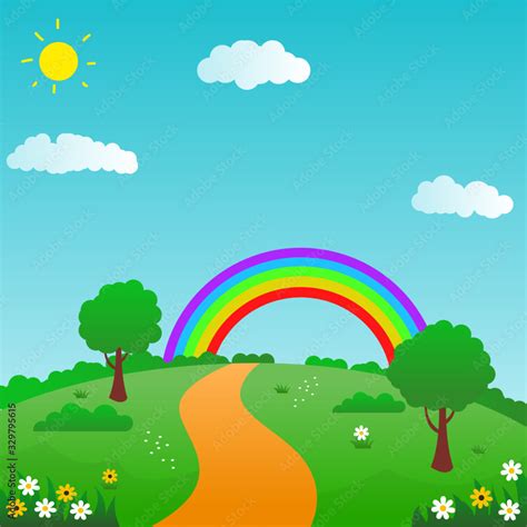 Colorful nature landscape vector illustration with rainbow, flowers and ...