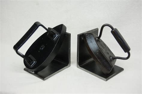 Vintage Cast Iron Iron Bookends, Welded to Steel Base, Industrial Style ...