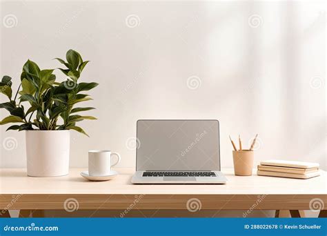 Minimalist Office Desk with Laptop and Plant Stock Photo - Image of ...