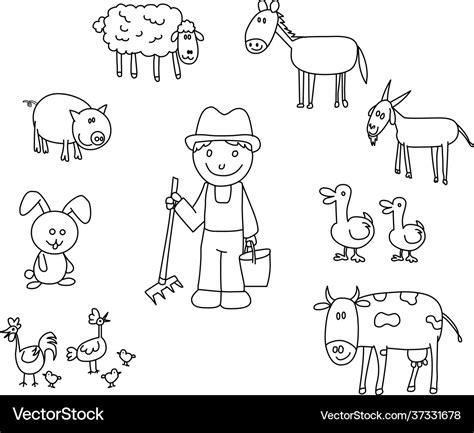 Farmer with farm animals black line drawing Vector Image