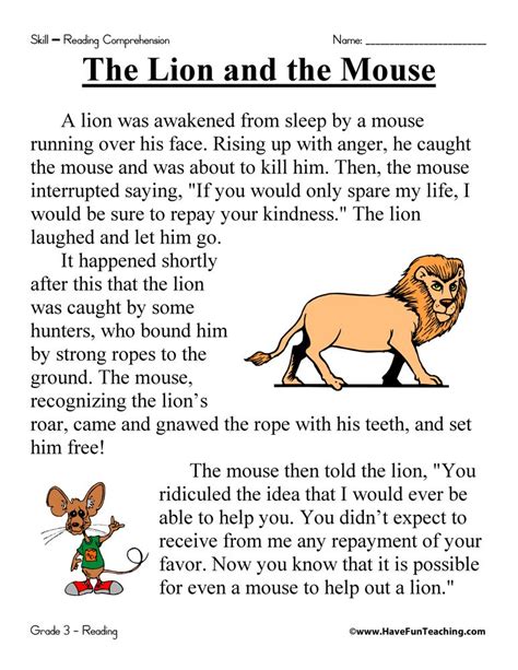 The Lion and the Mouse Reading Comprehension Worksheet - Have Fun Teaching | First grade reading ...