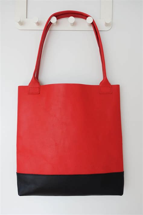 Leather Tote Bag Red Black Leather Shopper Bag Large - Etsy