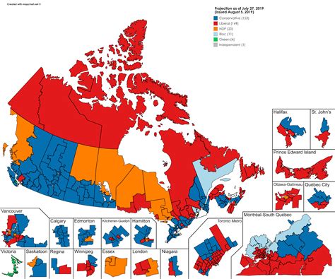 Canadian Federal Election polling projection as of July 27th : MapPorn