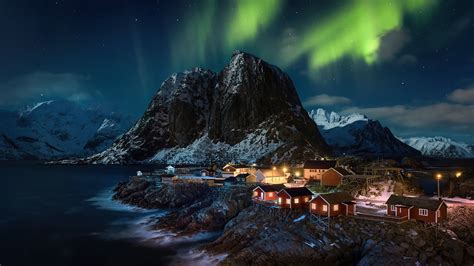 Lofoten Norway Village Aurora Northern Lights 4k Wallpaper,HD Nature ...