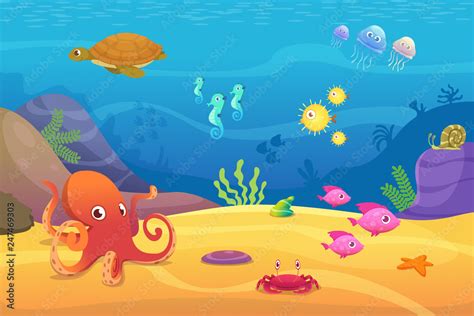 Vecteur Stock Underwater life. Aquarium cartoon fish ocean and sea ...