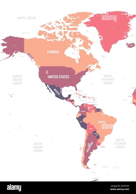 Americas map. High detailed political map of North and South America continent with country ...