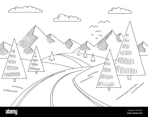 Mountain road simple graphic black white landscape sketch illustration vector Stock Vector Image ...