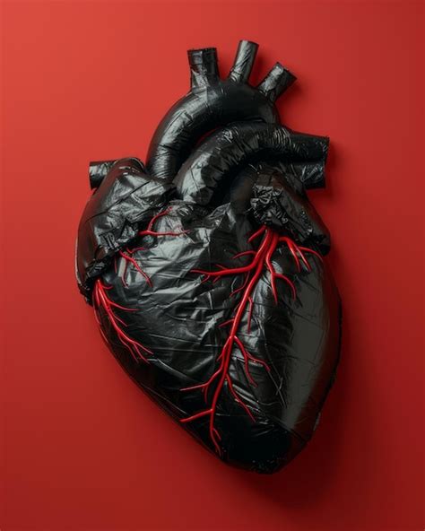 Premium Photo | Black heart sculpture with red veins on vibrant red background insensitivity to ...