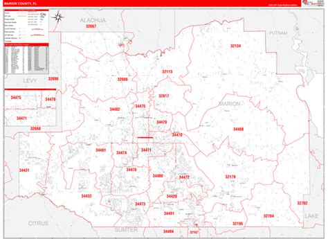 Marion County, FL Zip Code Wall Map Red Line Style by MarketMAPS - MapSales