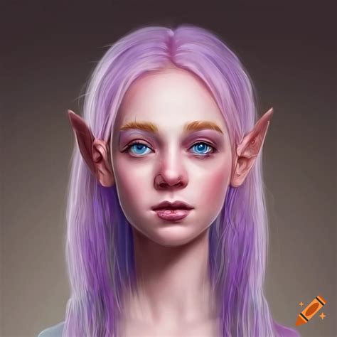 Illustration of a beautiful light pink elf with lavender hair on Craiyon