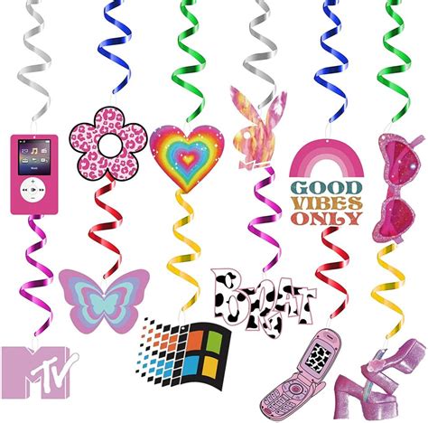 12Pcs Y2k 2000s Pink Party Swirl Decorations Hanging Spiral Decor Whirl Streamers rainbow hearts ...