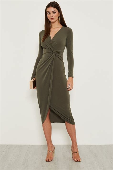 Lillian Knot Tie Long Sleeve Wrap Dress In Khaki - Dresses from Walg London UK