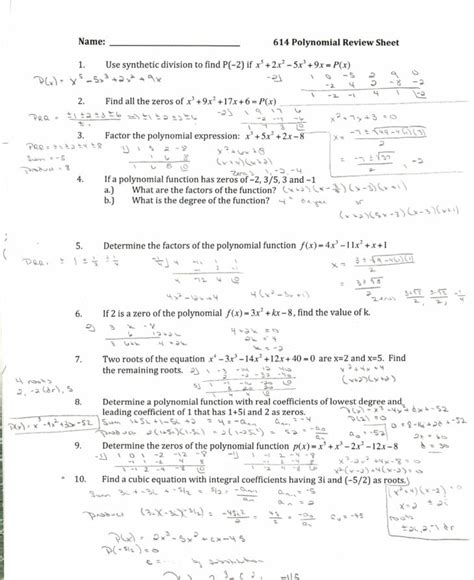 Polynomial Vocabulary Worksheet Answers