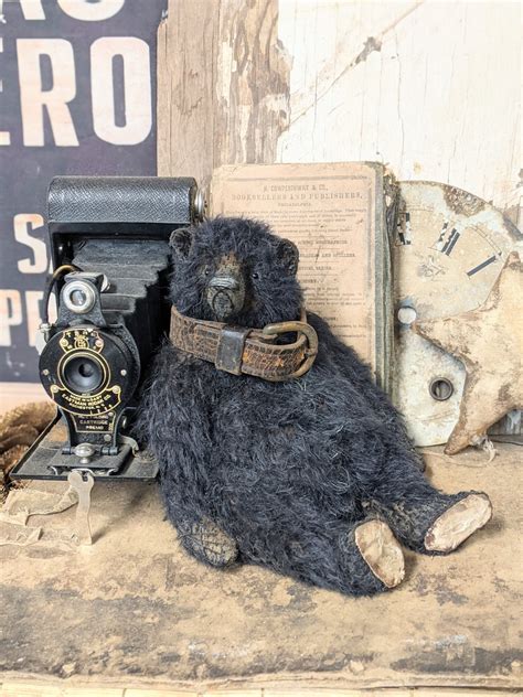 Rare ALL BLACK Mohair 10" fat Teddy Bear antique leather collar by ...