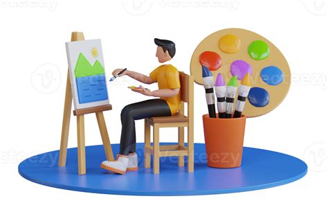 male artist drawing with pencil 3d illustration. Isometric artist ...