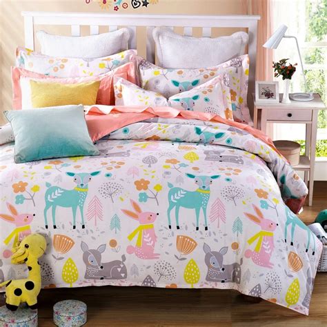 Woodland Animal Friends Deer Rabbit Flower Cute Cartoon Bedding Pink Bed Sheets Girls Teen kids ...