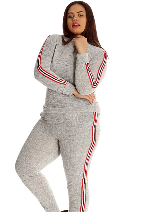 New Womens Tracksuit Plus Size Ladies Side Stripe 2 in 1 Sweatshirt ...