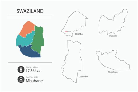 mapa da suazilândia com mapa detalhado do país. elementos do mapa das cidades, áreas totais e ...